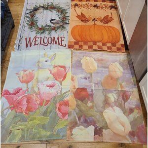 Lot of 4 Garden Flags. Spring Fall Pumpkin Bunny Wreath. Greenhouse Nursery